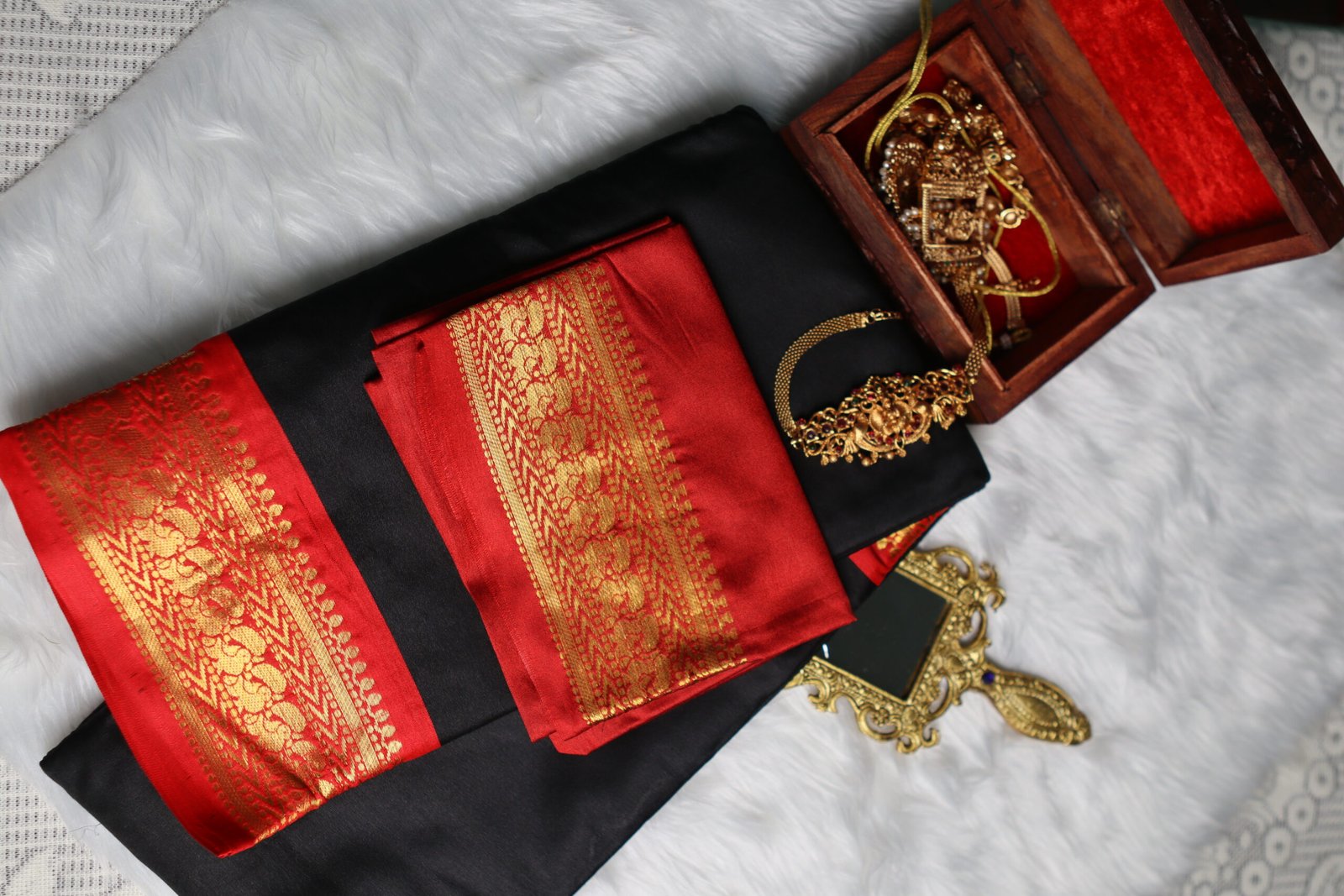Elegant Black & Crimson Red Silk Saree with Golden Zari Border